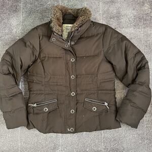 Womens Eddie Bauer Premium Goose Down 700 Fill Faux Fur Brown Puffer Jacket Sz M